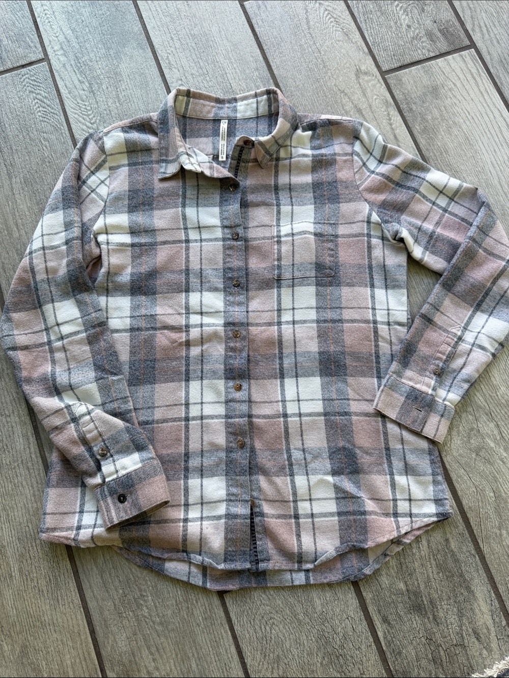 Kuhl Kamila Soft Flannel Shirt Dusty Rose Grey Off-White Plaid Women's Small